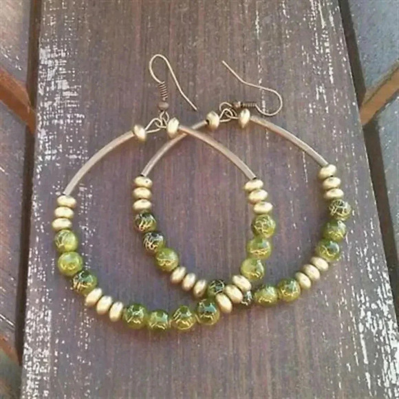 Hand Crafted Jewelry - Hand Crafted Big Beaded Hoop Earrings 3" Long Antiqued Brass Gold Olive Green